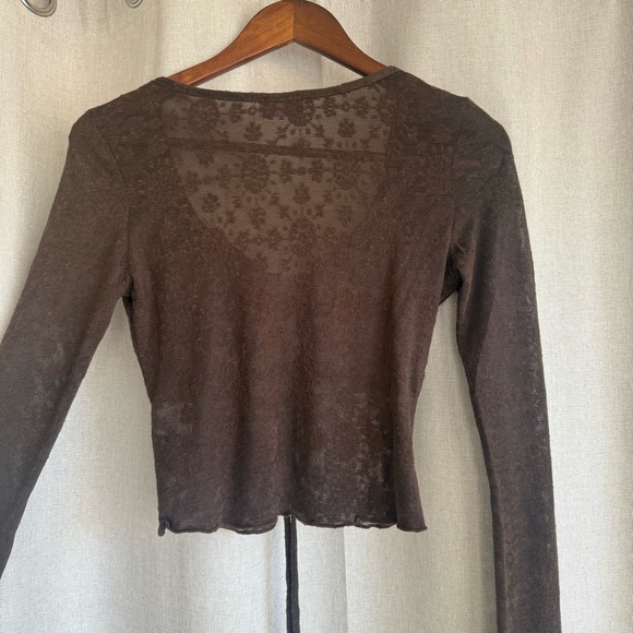 Pink Lily Brown Floral Mesh Ruched Tie Front Bell Sleeve Crop Top Size Small - Picture 4 of 5